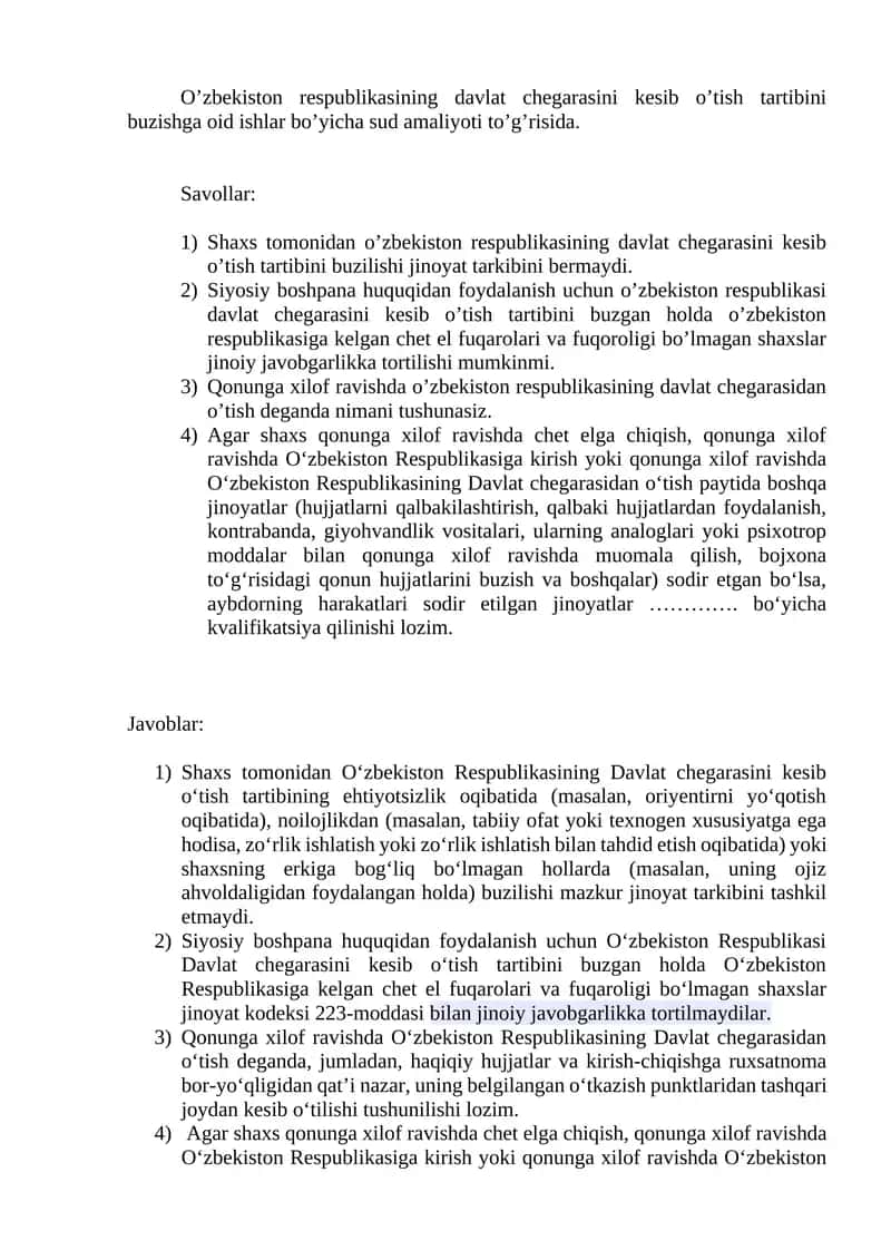 Oʻzbekiston Respublikasining Davlat Chegarasini Kesib Oʻtish Tartibi 1