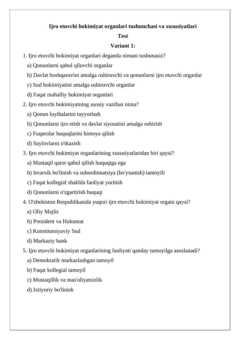 Ijro etuvchi hokimiyat organlari tushunchasi va xususiyatlari 1