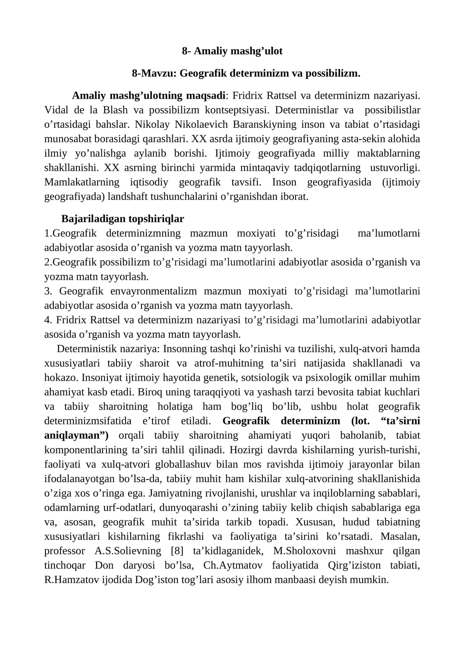 Geografik determinizm va possibilizm mashg'uloti 1