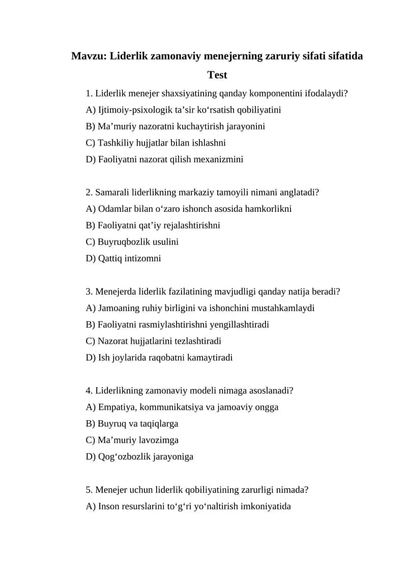 Liderlik zamonaviy menejerning zaruriy sifati sifatida 1