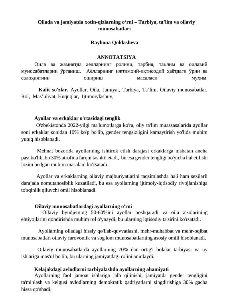 Ayollar va erkaklar o'rtasidagi tenglik 1