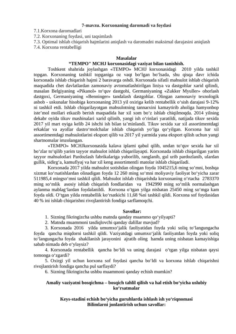 korxonani foydasi va daromadi 1