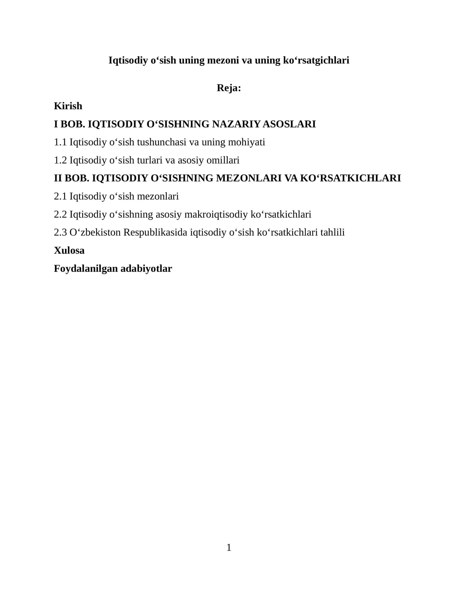 Iqtisodiy oʻsish uning mezoni va uning koʻrsatkichlari 1