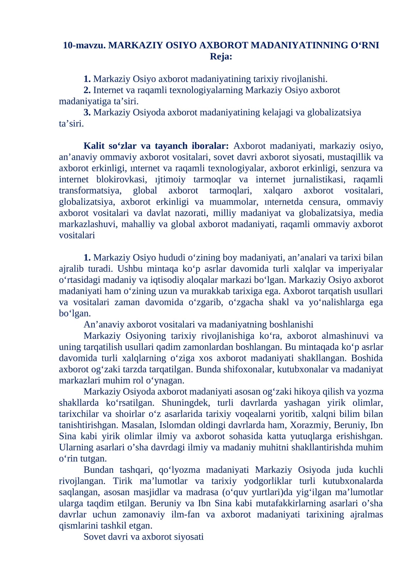 MARKAZIY OSIYO AXBOROT MADANIYATINNING O‘RNI 1