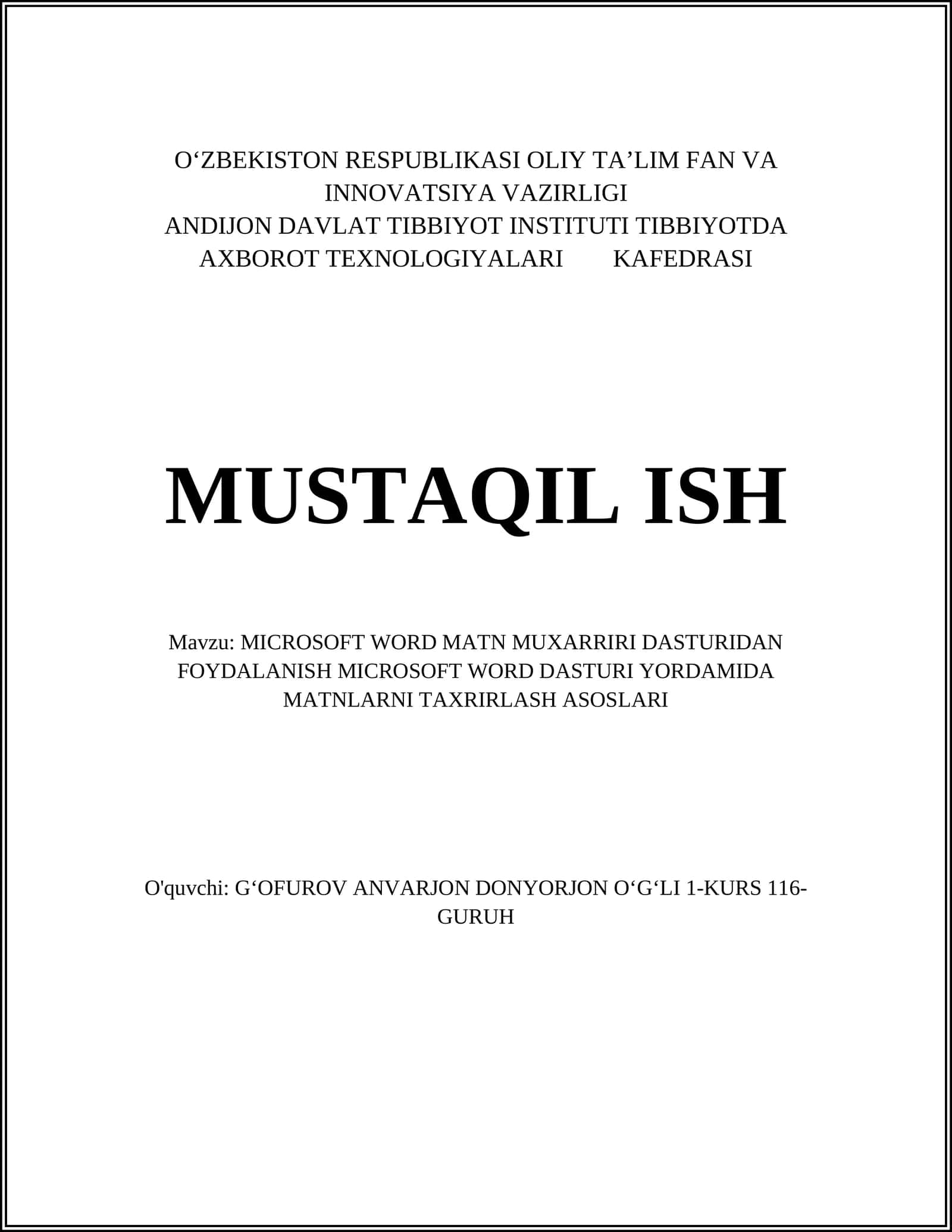 MICROSOFT WORD MATN MUXARRIRI DASTURIDAN FOYDALANISH MICROSOFT WORD DASTURI YORDAMIDA MATNLARNI TAXRIRLASH ASOSLARI 1