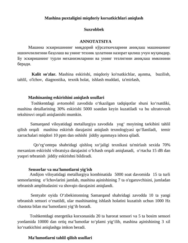 Mashina puxtaligini miqdoriy korsatkichlari aniqlash 1