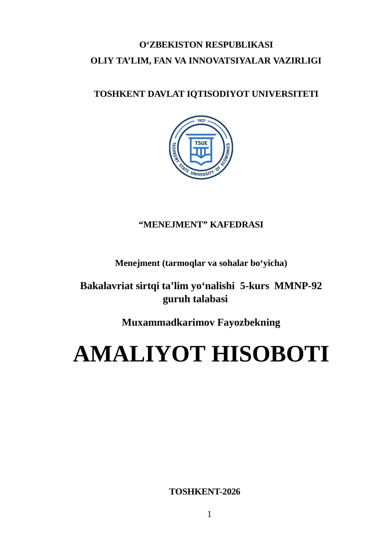 AMALIYOT HISOBOTI. LOGISTIKA FAOLIYAT BOʻYICHA 1