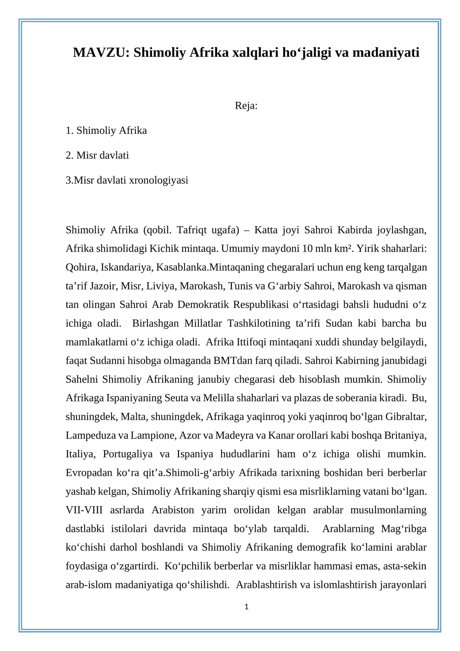 Shimoliy Afrika xalqlari hoʻjaligi va madaniyati 1