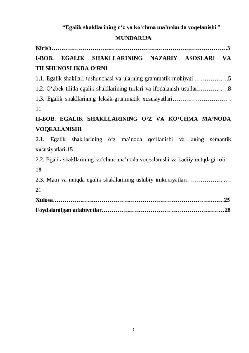 Egalik shakllarining o‘z va ko‘chma ma’nolarda voqelanishi 1