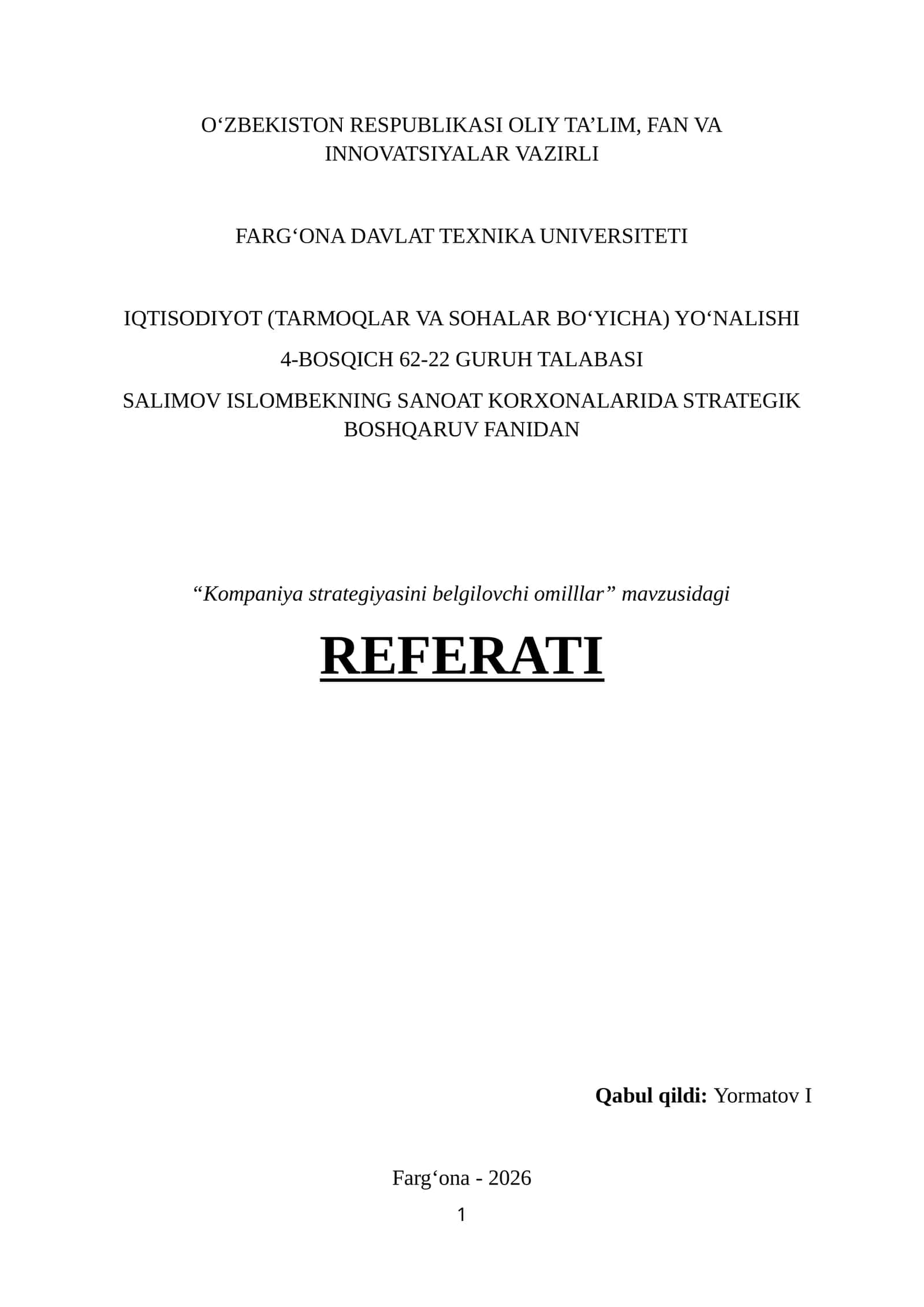 Kompaniya strategiyasini belgilovchi omillar. REFERAT 1