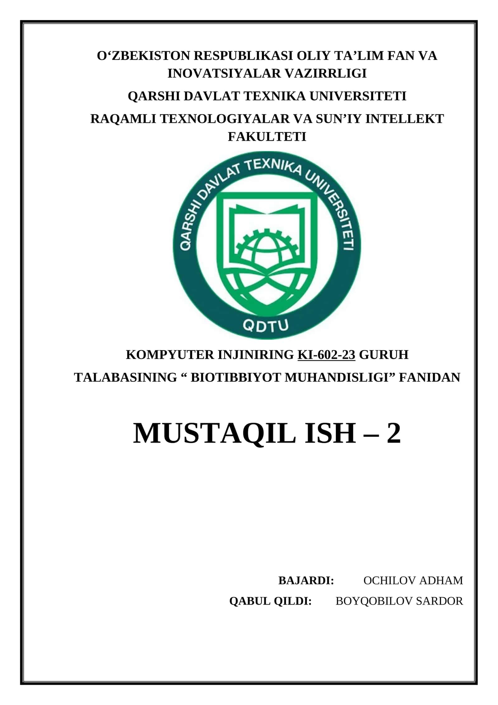 Biotibbiyot muhandisligi - O‘zRespOliyFanInovatsiyaVaVaz 1