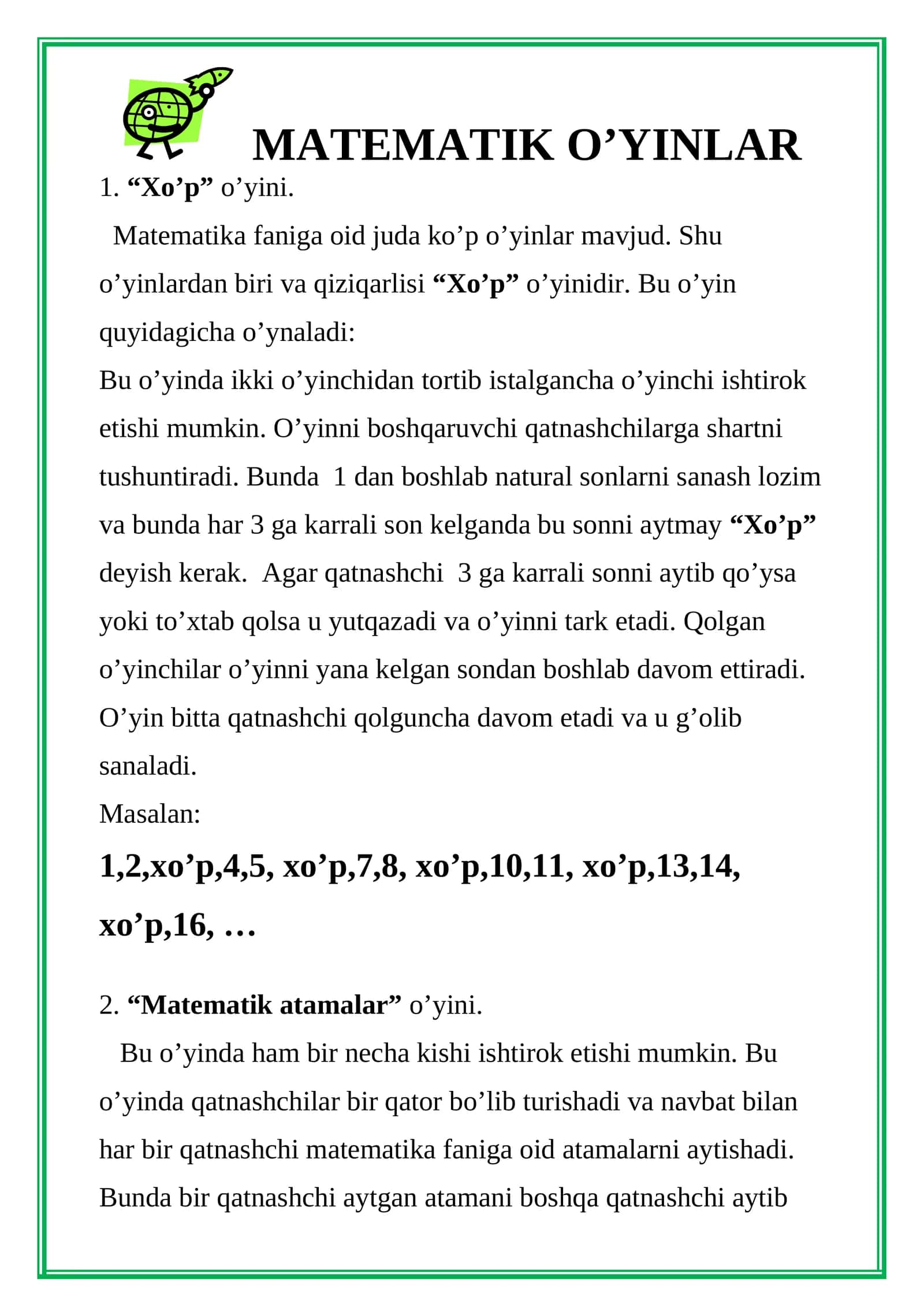 MATEMATIK O’YINLAR 1