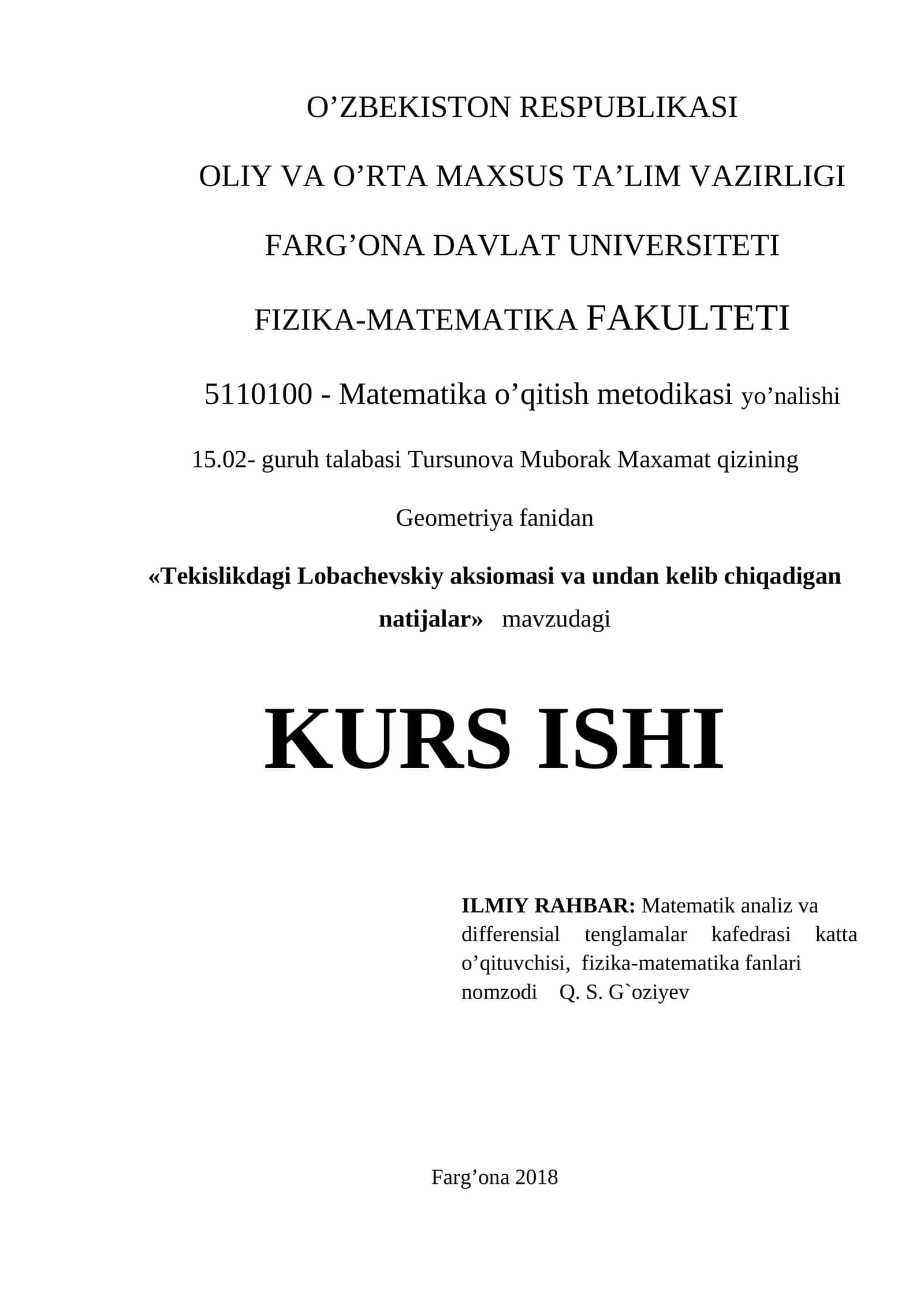 Tekislikdagi Lobachevskiy aksiomasi va undan kelib chiqadigan natijalar 1