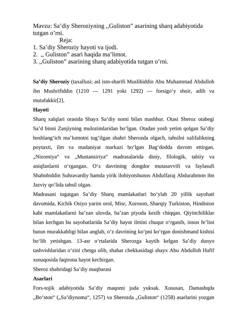 Guliston asari sharq adabiyotida tutgan o’rni 1