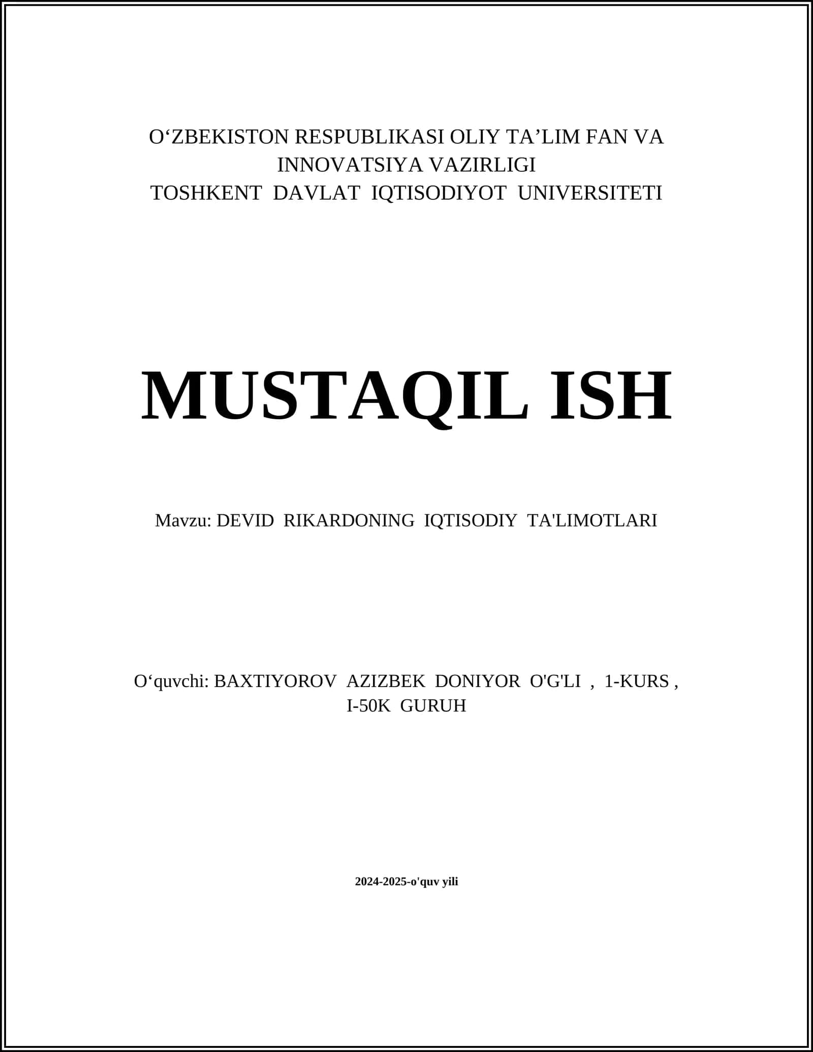 DEVID RIKARDONING IQTISODIY TA'LIMOTLARI 1