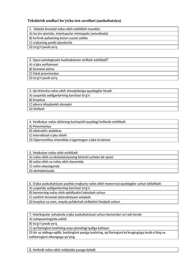 Tekshirish usullari bo'yicha test savollari (auskultatsiya) 1