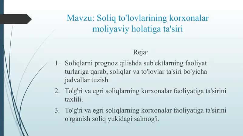 Soliq to'lovlarining korxonalar moliyaviy holatiga ta'siri 1
