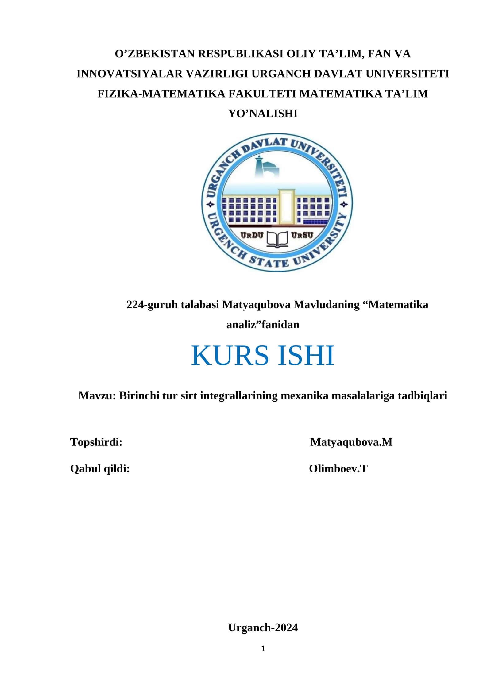 Birinchi tur sirt integrallarining mexanika masalalariga tadbiqlari 1