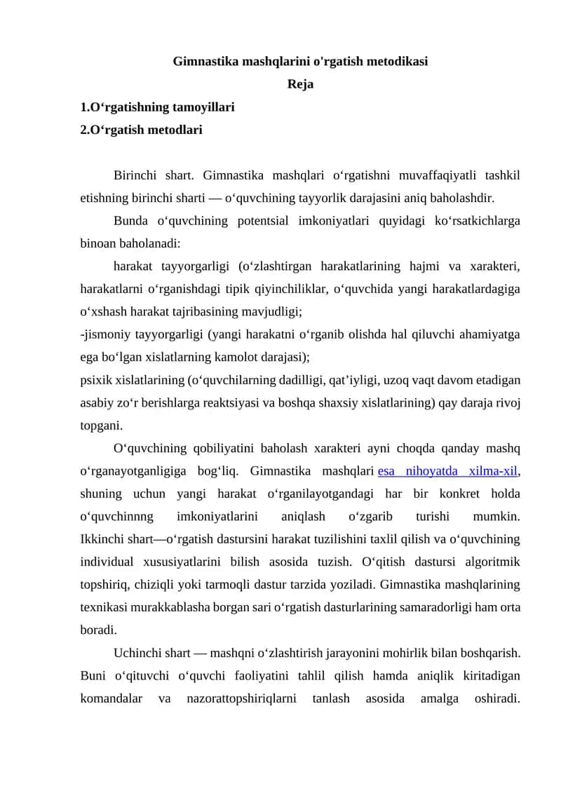 Gimnastika mashqlarini o'rgatish metodikasi 1