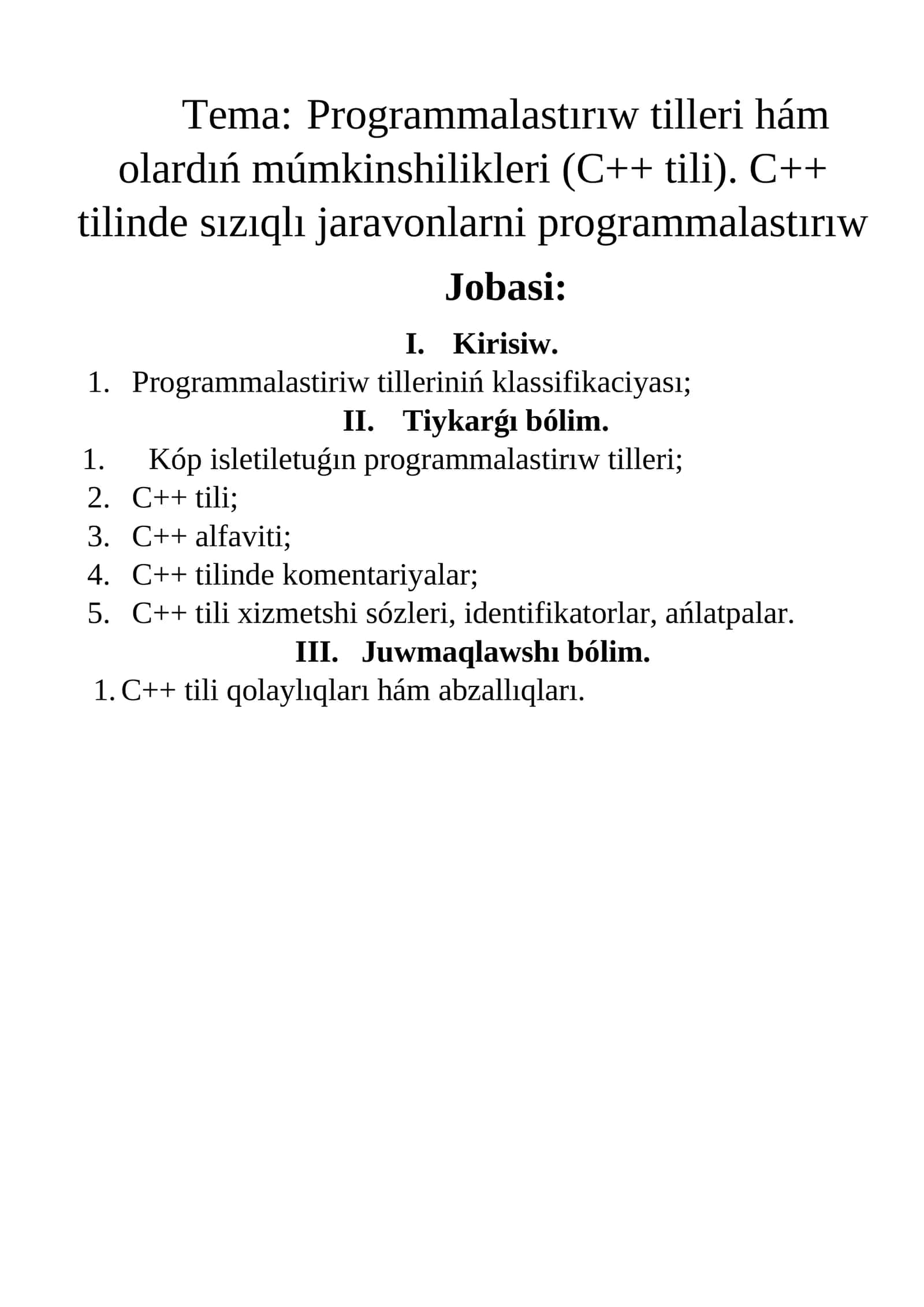 Programmalastırıw tilleri hám olardıń múmkinshilikleri (C++ tili). C++ tilinde sızıqlı jaravonlarni programmalastırıw 1