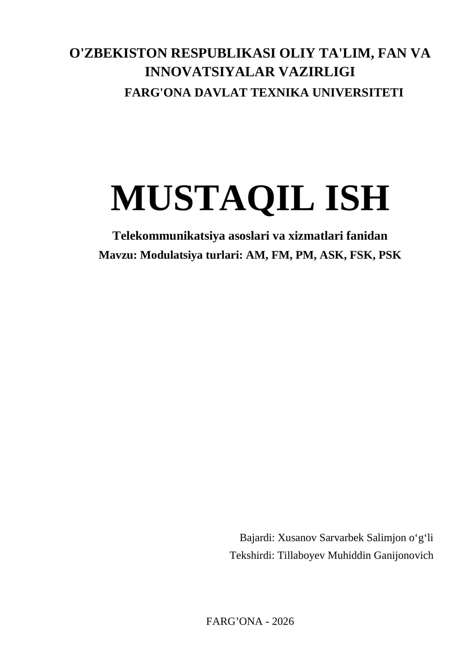 Modulatsiya turlari: AM, FM, PM, ASK, FSK, PSK 1