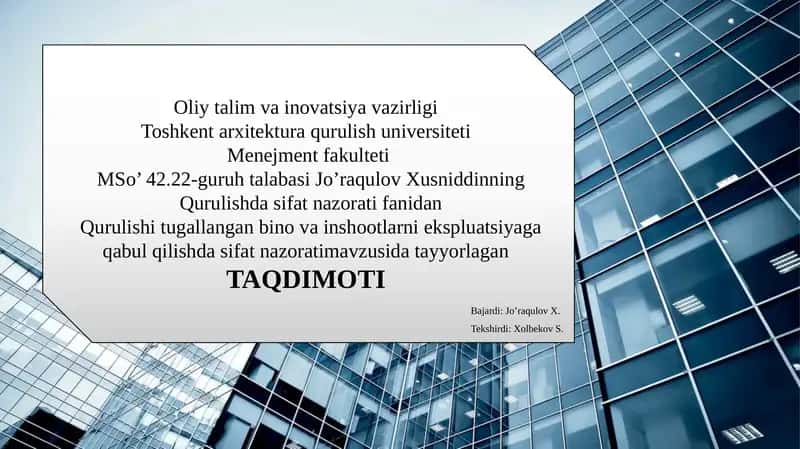 Qurulishda sifat nazorati fanidan taqdimoti 1