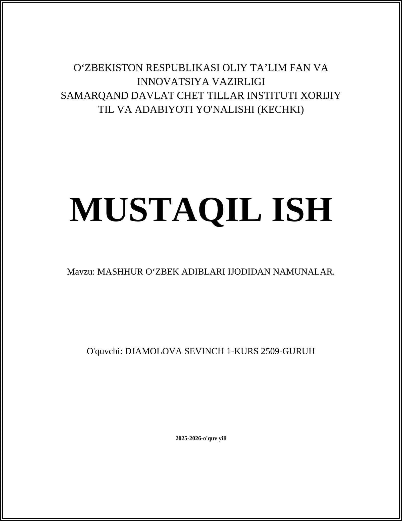 MASHHUR O‘ZBEK ADIBLARI IJODIDAN NAMUNALAR 1