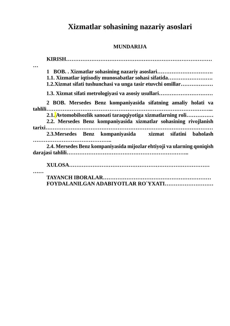 Xizmatlar sohasining nazariy asoslari 1