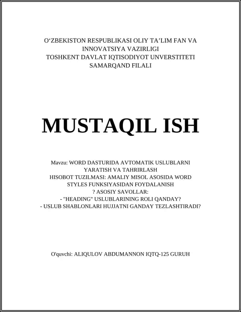 WORD DASTURIDA AVTOMATIK USLUBLARNI YARATISH VA TAHRIRLASH 1