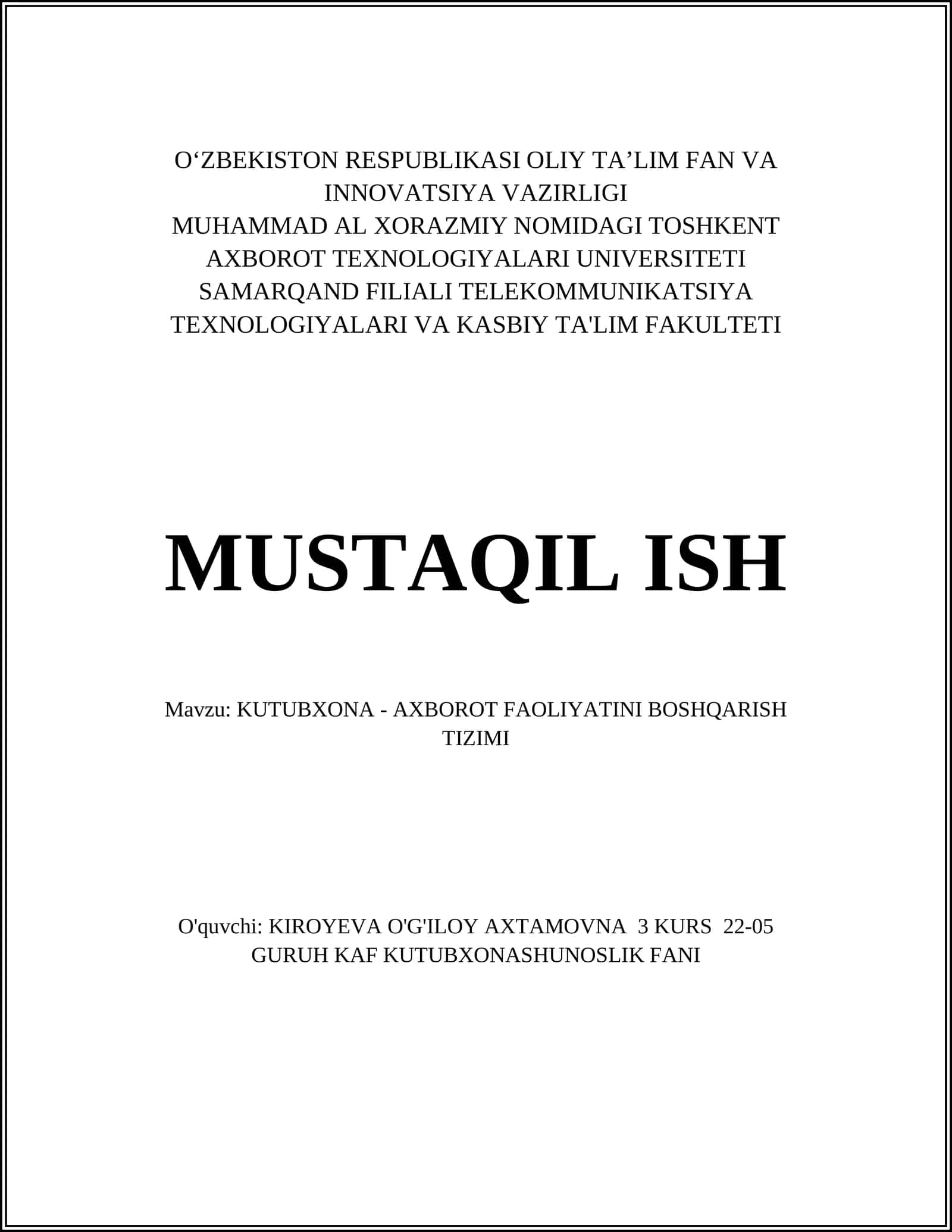 KUTUBXONA - AXBOROT FAOLIYATINI BOSHQARISH TIZIMI 1