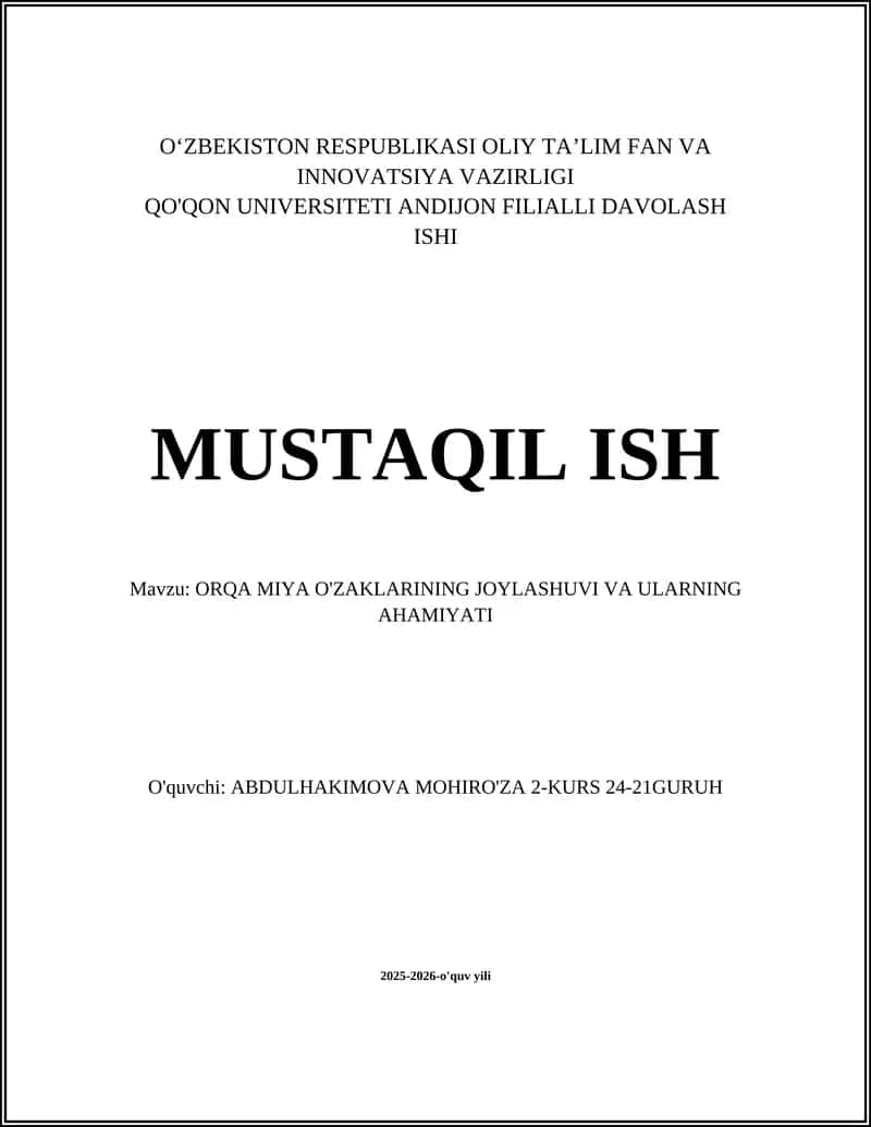 ORQA MIYA O'ZAKLARINING JOYLASHUVI VA ULARNING AHAMIYATI 1