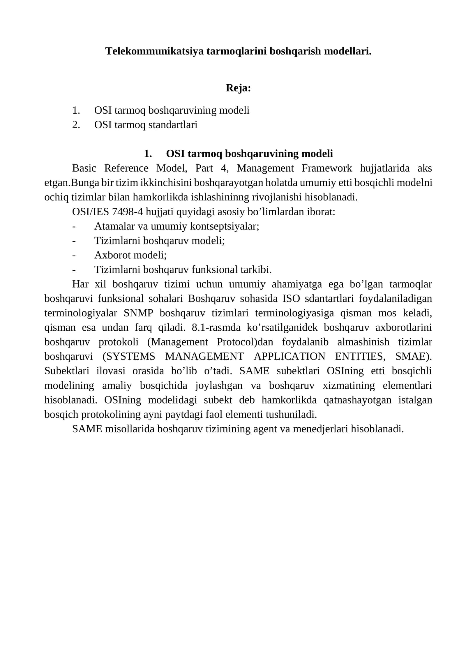 Telekommunikatsiya tarmoqlarini boshqarish modellari 1