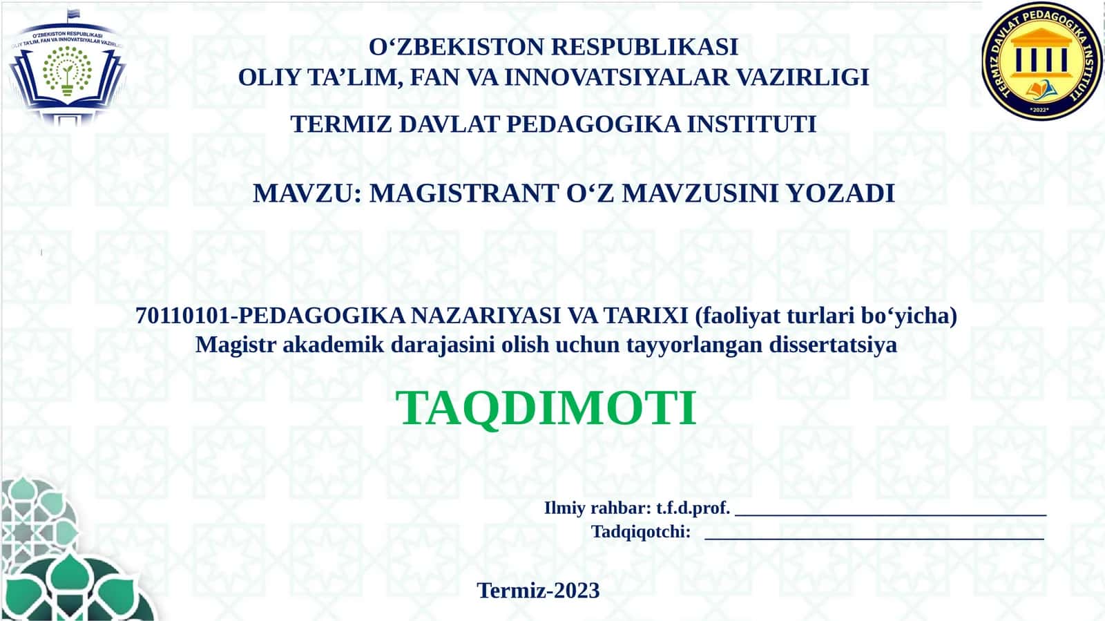 MAGISTRANT O‘Z MAVZUSINI YOZADI 1