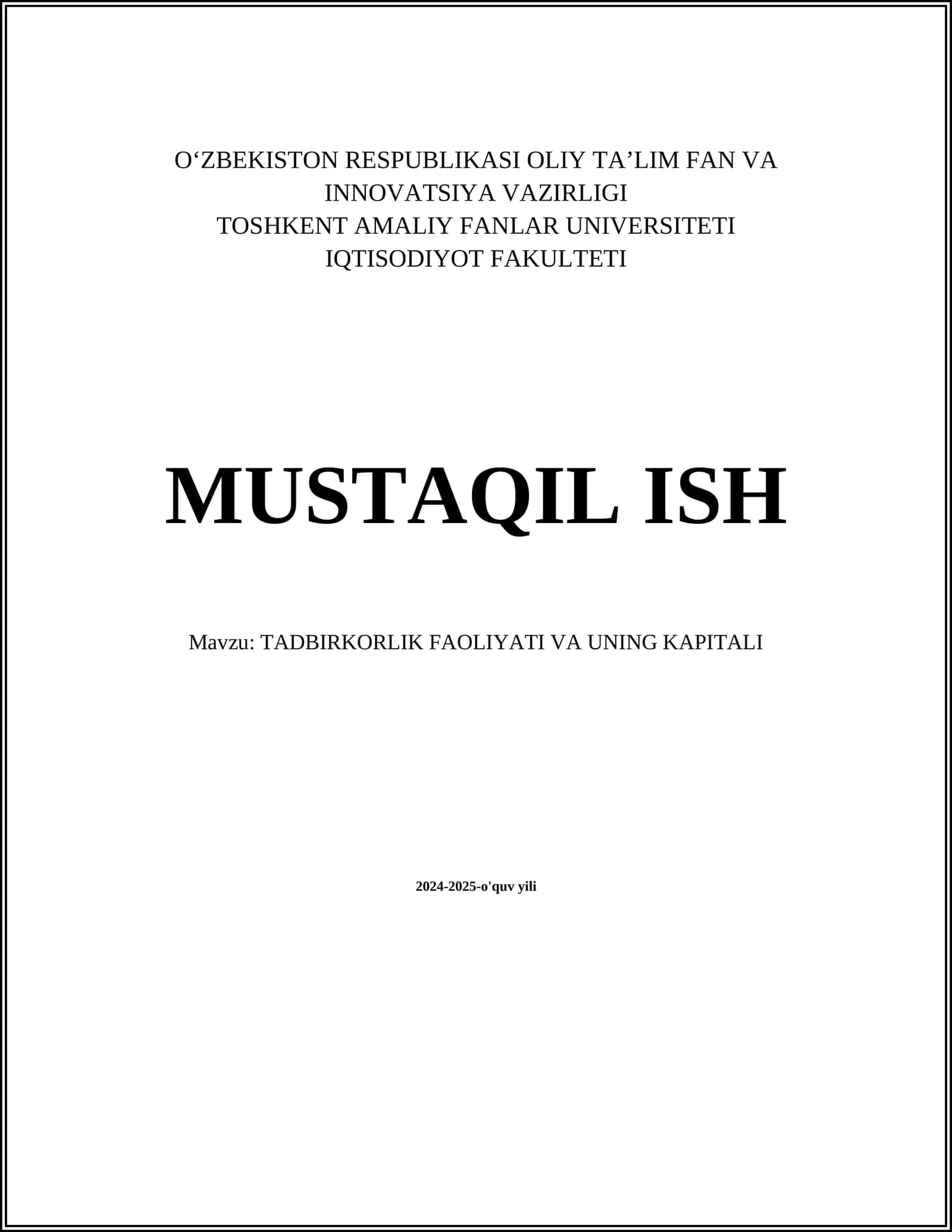 TADBIRKORLIK FAOLIYATI VA UNING KAPITALI 1