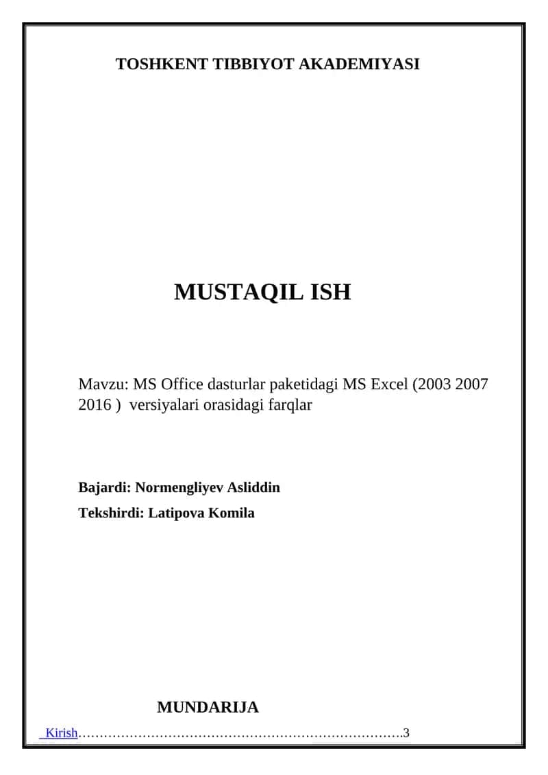 MS Excel dasturlar paketidagi MS Excel (2003 2007 2016 ) versiyalari orasidagi farqlar 1