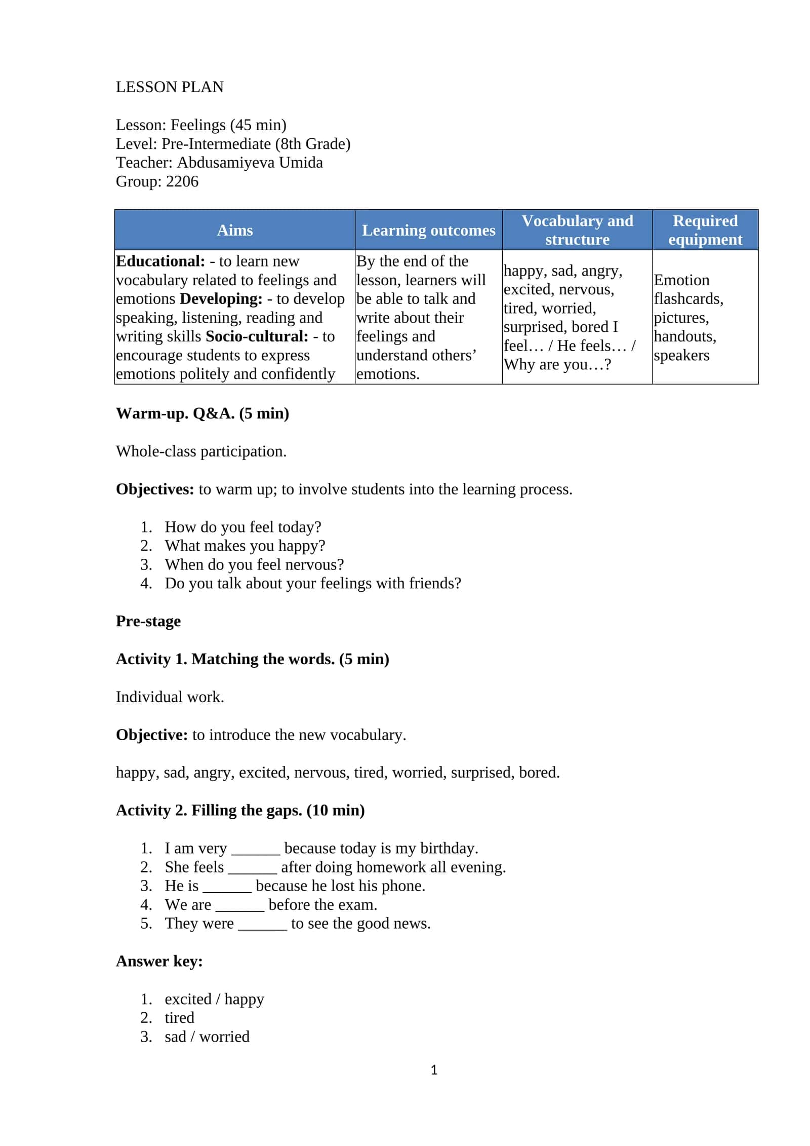 LESSON PLAN: Feelings 1