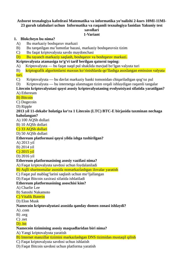 Informatika va raqamli texnologiya fanidan Yakuniy test savollari. 1