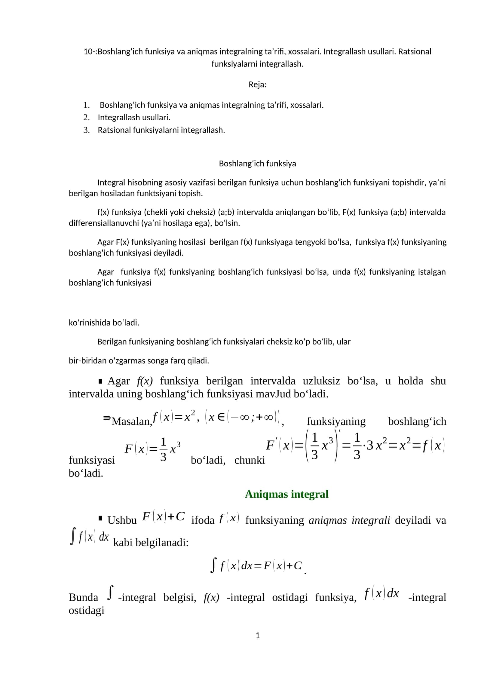 Boshlangʻich funksiya va aniqmas integralning ta’rifi, xossalari 1