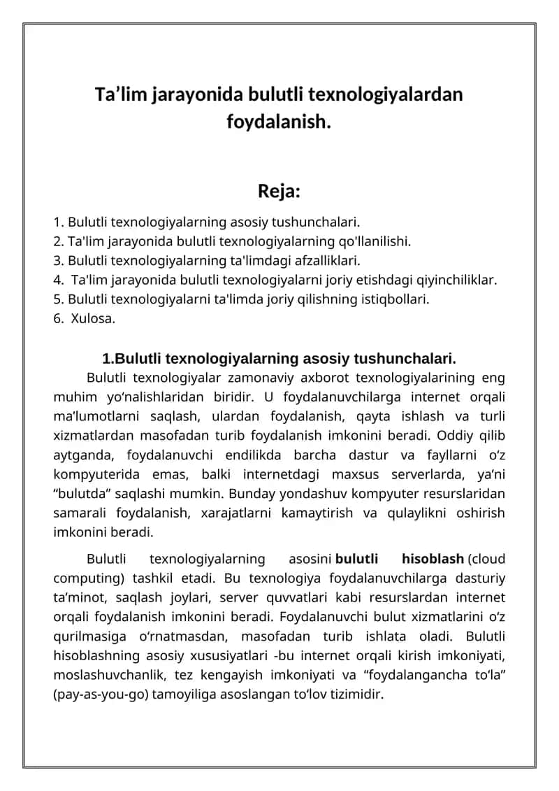 Ta’lim jarayonida bulutli texnologiyalardan foydalanish. 1