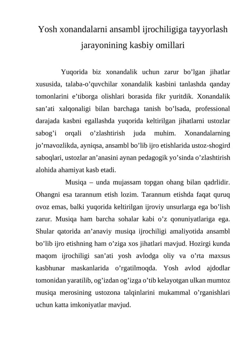 Xonandalarni ansambl ijrochiligiga tayyorlash jarayoni 1
