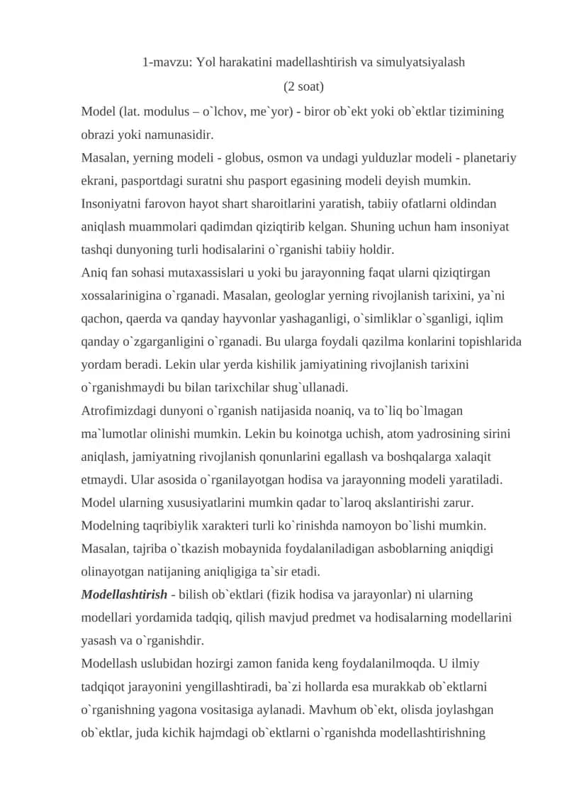Yol harakatini madellashtirish va simulyatsiyalash 1