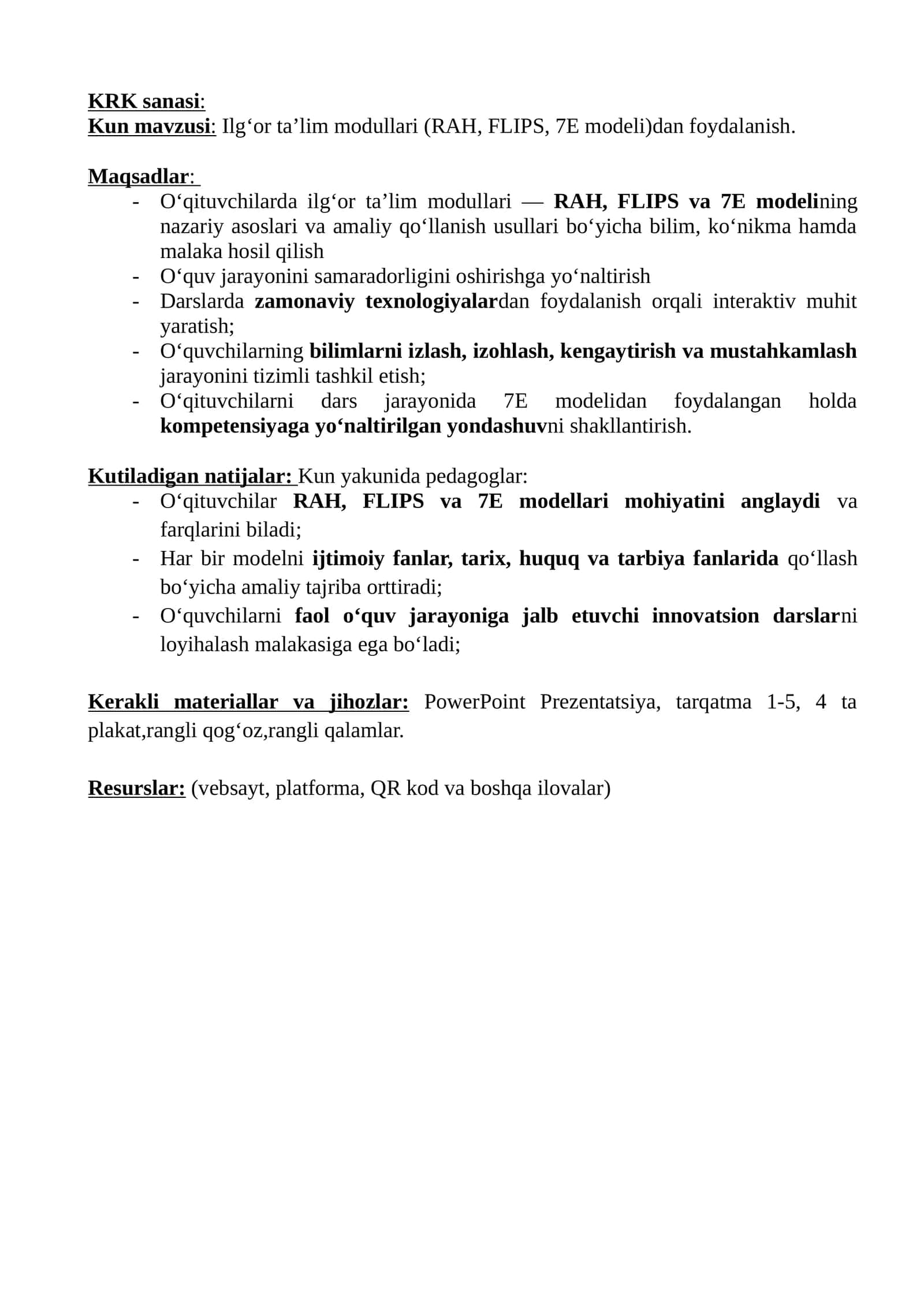 Ilgʻor taʼlim modullari (RAH, FLIPS, 7E modeli)dan foydalanish 1