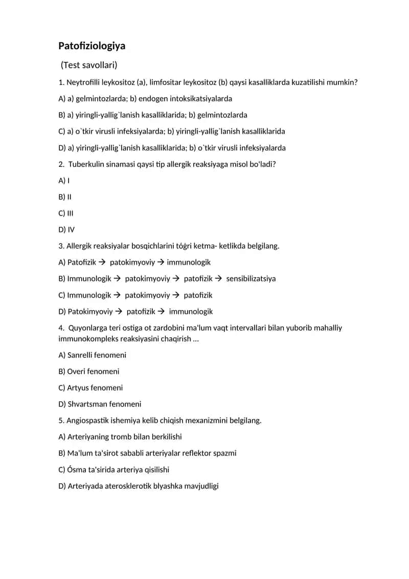 Patofiziologiya (Test savollari) 1