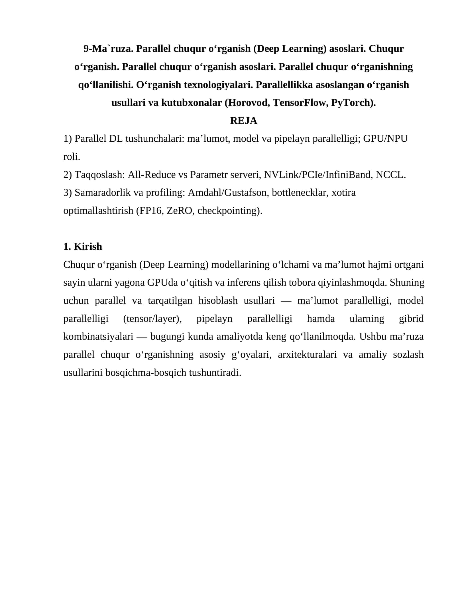 Parallel chuqur o‘rganish (Deep Learning) asoslari 1
