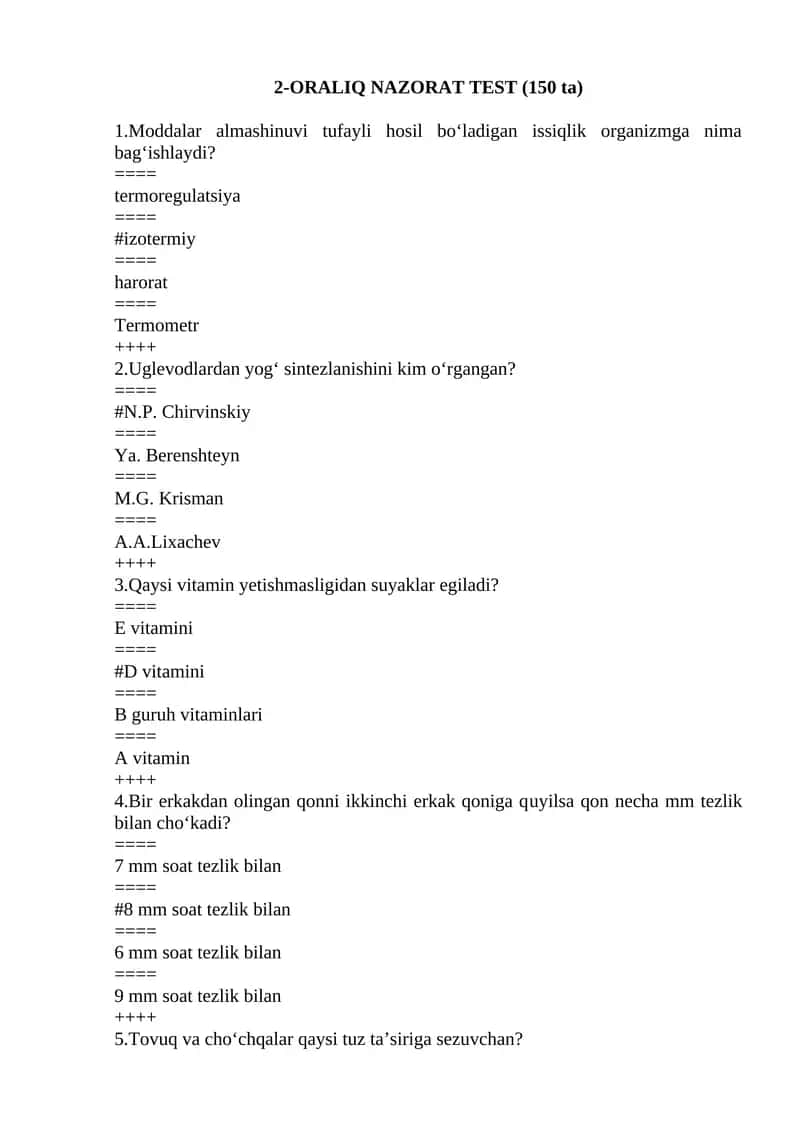 ORALIQ NAZORAT TEST 1