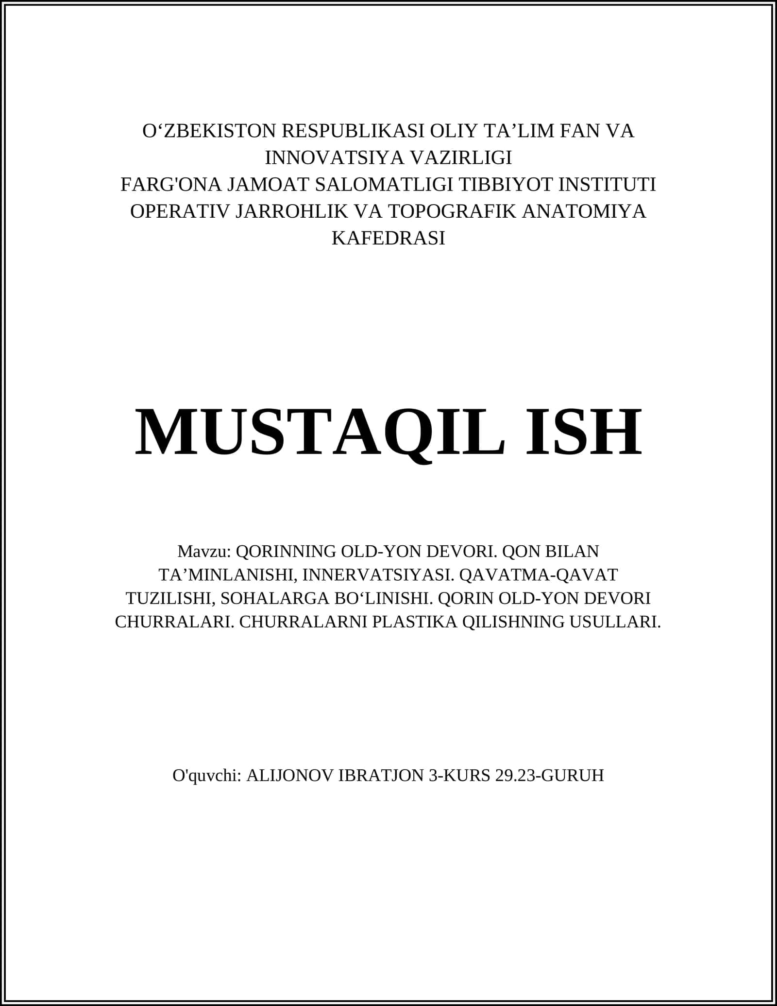 QORINNING OLD-YON DEVORI. QON BILAN TA’MINLANISHI, INNERVATSIYASI 1
