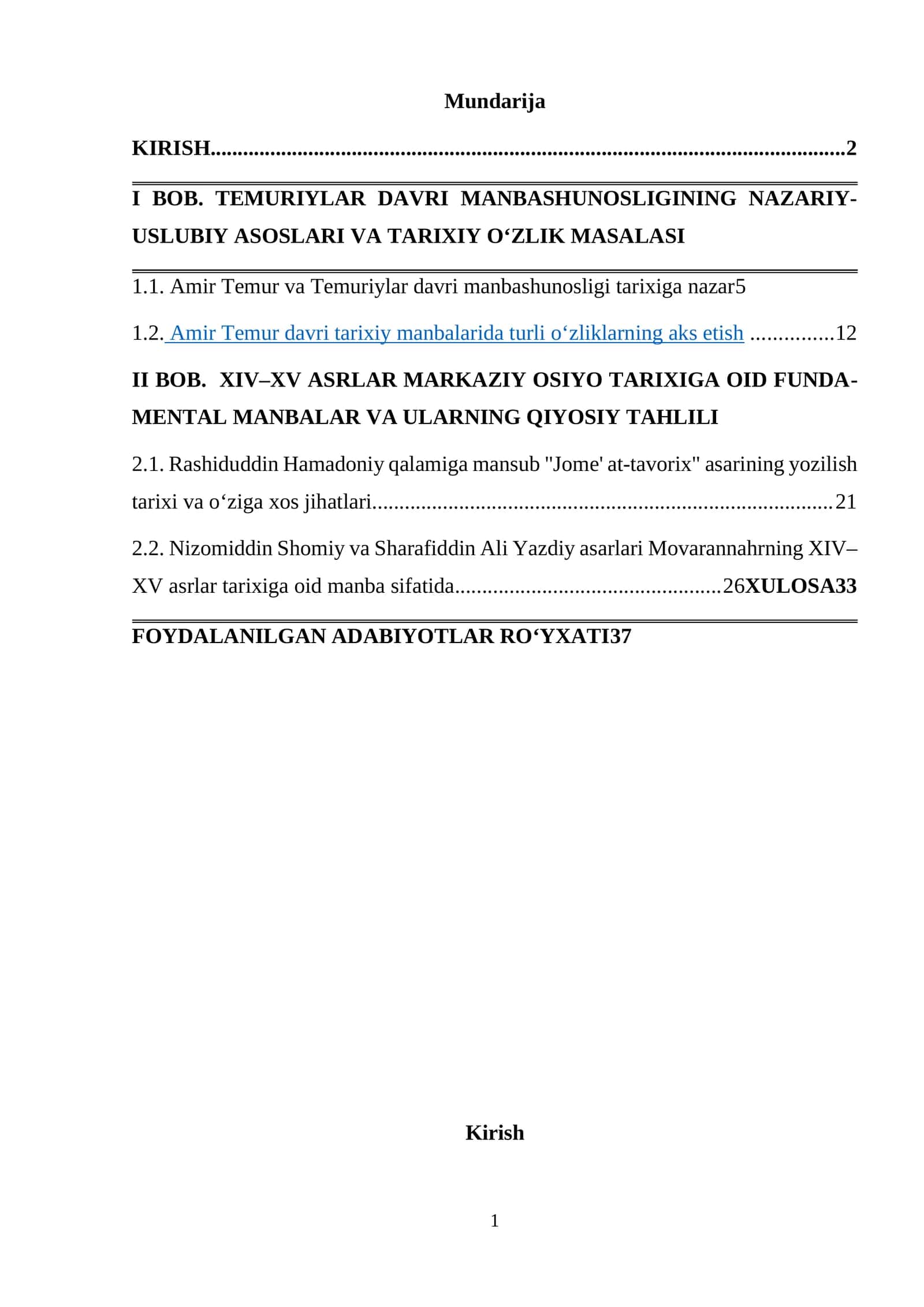 AMIR TEMUR VA TEMURIYLAR DAVRI MANBASHUNOSLIGI 1