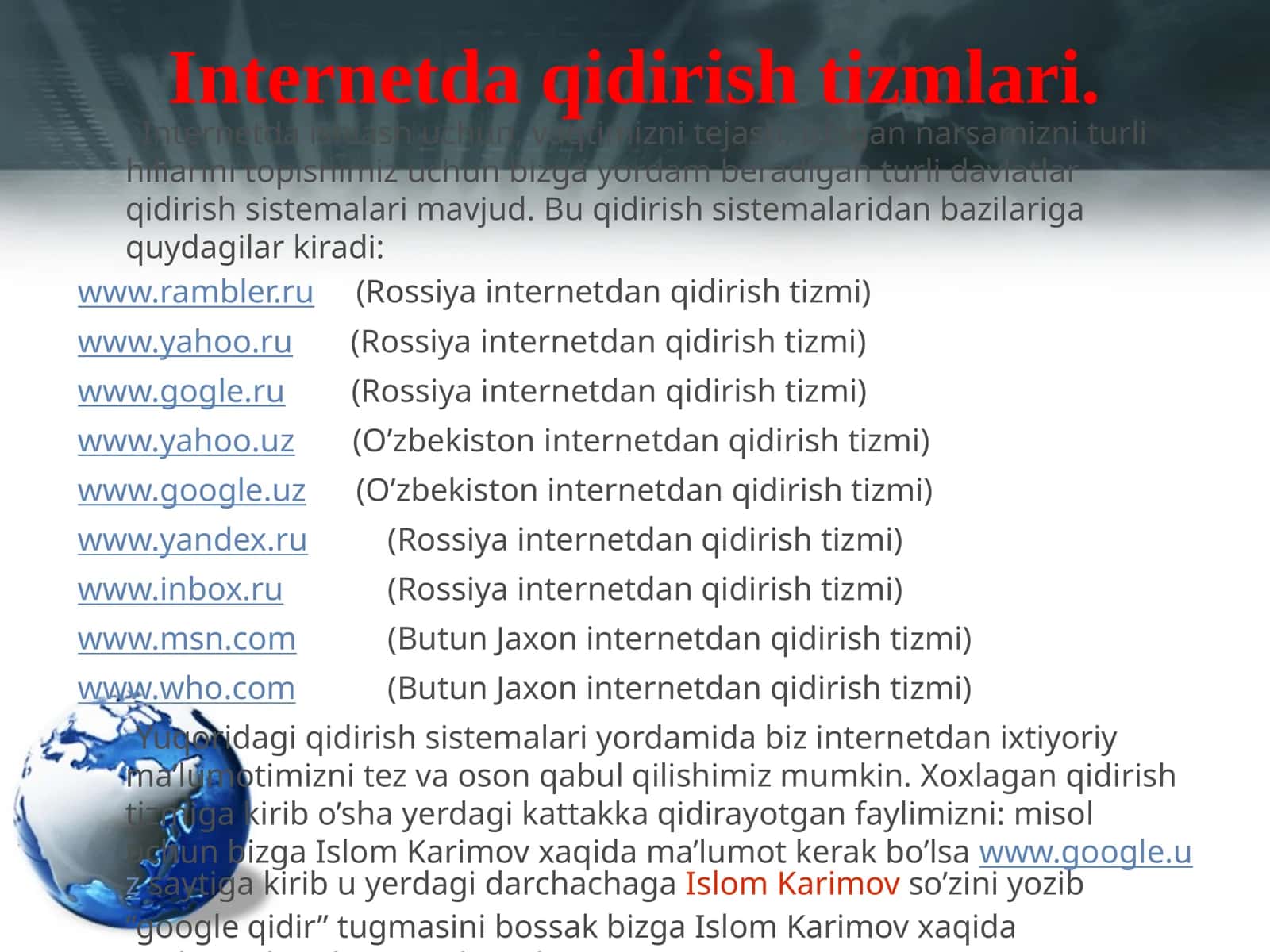 Internetda qidirish tizmlari. 1