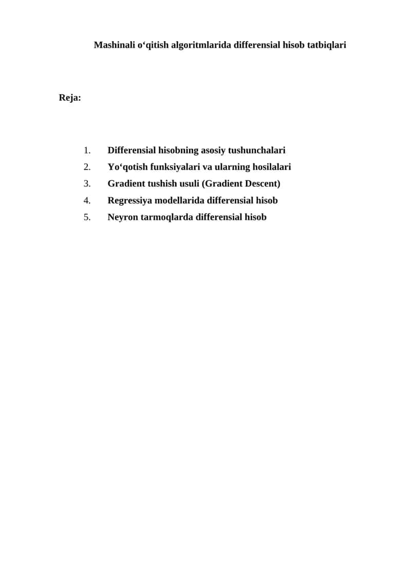Mashinali o‘qitish algoritmlarida differensial hisob tatbiqlari 1
