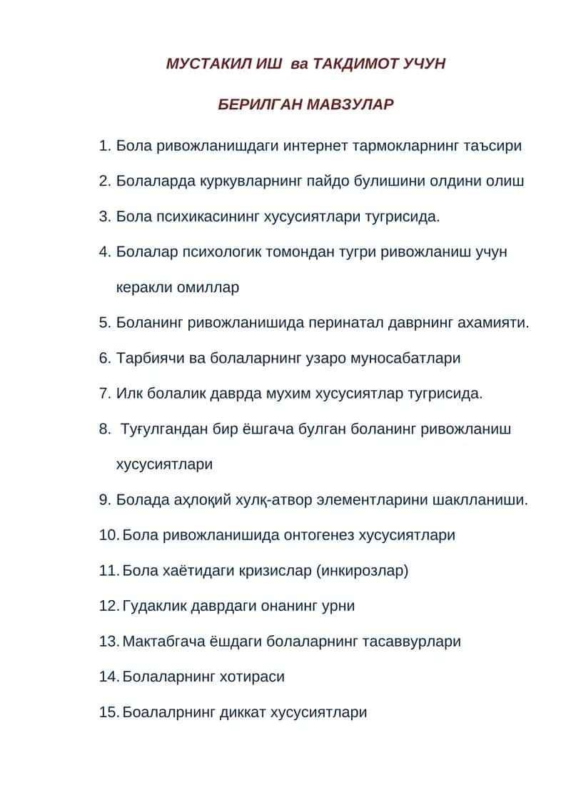 МУСТАКИЛ ИШ ва ТАКДИМОТ УЧУН 1